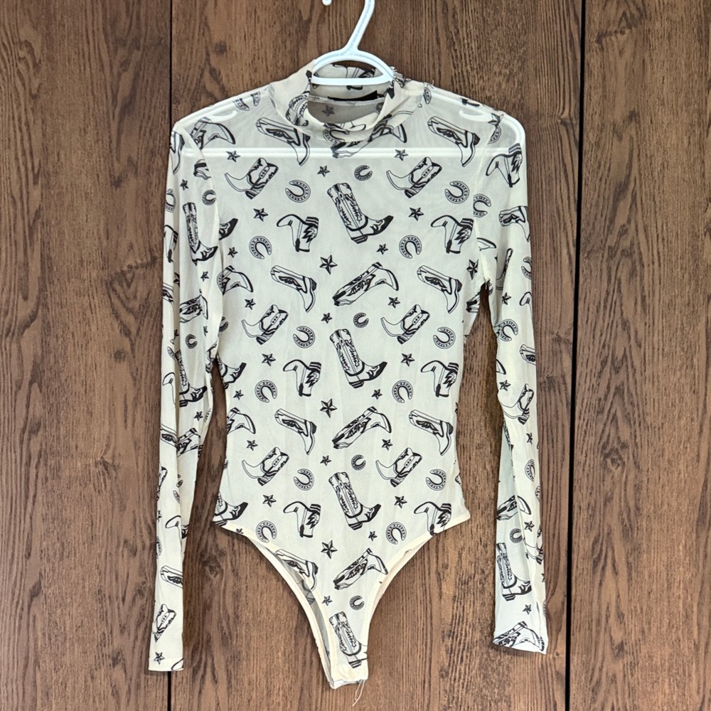 Cream Sheer Long Sleeve Bodysuit with Black Western Print